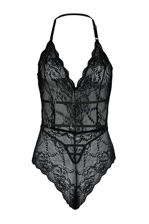 Black Lace Knit Bodysuit with Strappy Straps and Snaps