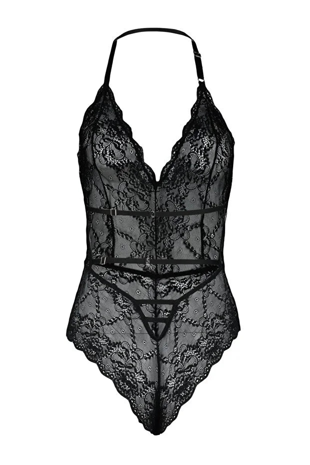 Black Lace Knit Bodysuit with Strappy Straps and Snaps