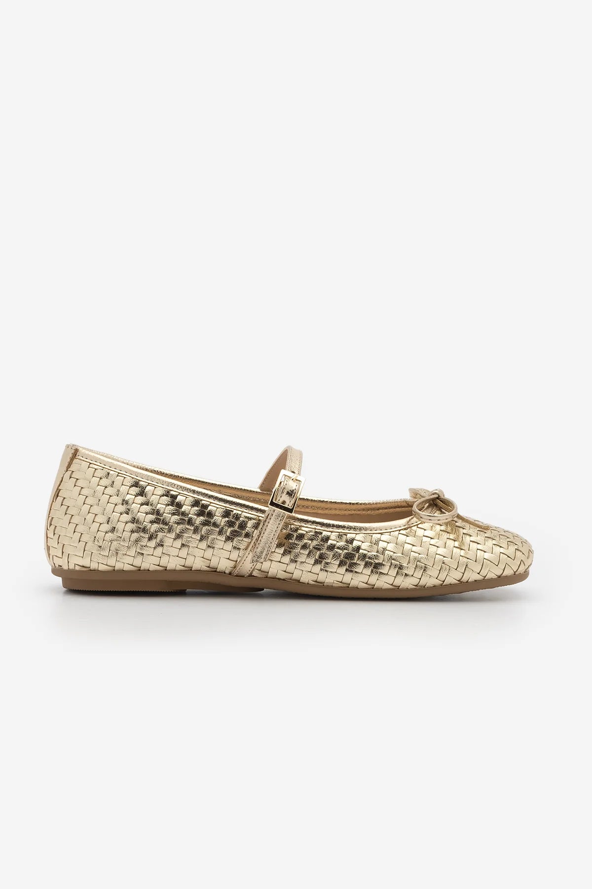 TEYRA Gold Mary Jane Bow Detail Woven Pattern Square Toe Women’s Ballet Flats
