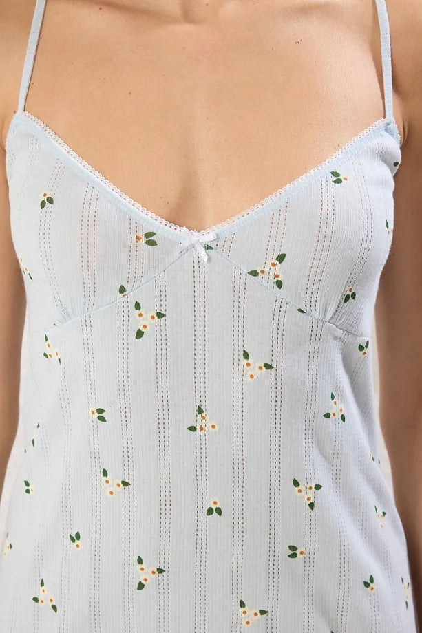 Blue Floral Lace and Ruffle Pointed Openwork/Empty Knit Nightgown