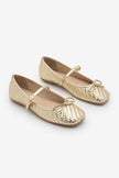 TEYRA Gold Mary Jane Bow Detail Woven Pattern Square Toe Women’s Ballet Flats