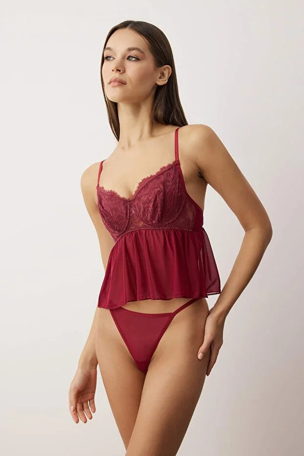 Cherry Tulle Lace Detailed Unlined Knitted Lingerie Set