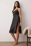 Black Satin-Woven Nightgown with Lace and Slit Detail
