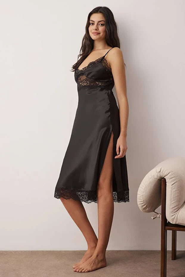 Black Satin-Woven Nightgown with Lace and Slit Detail
