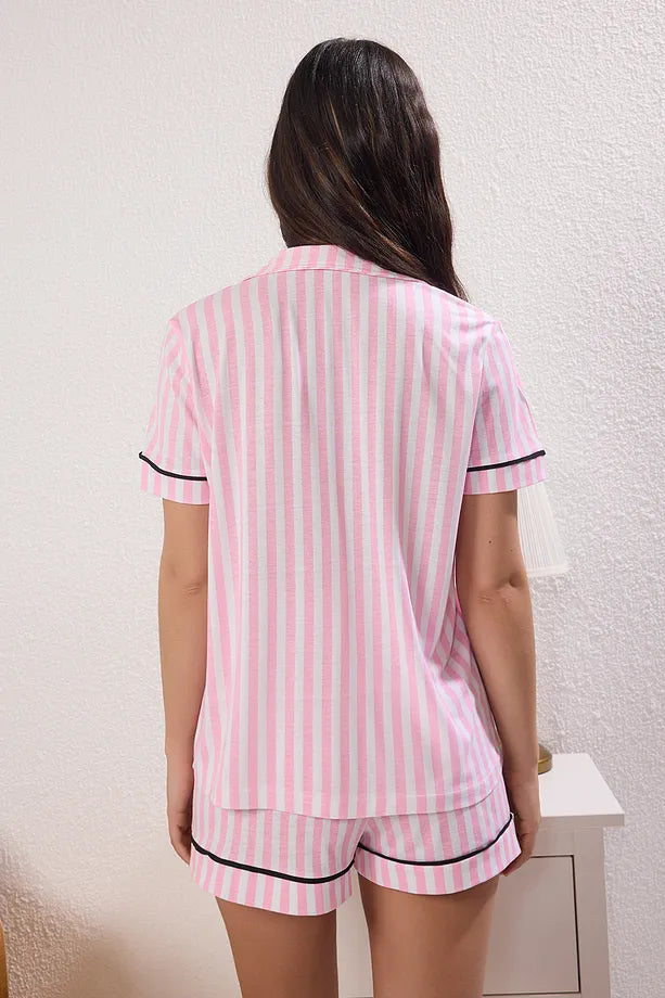 Pink Striped Knit Pajama Set with Piping Shorts