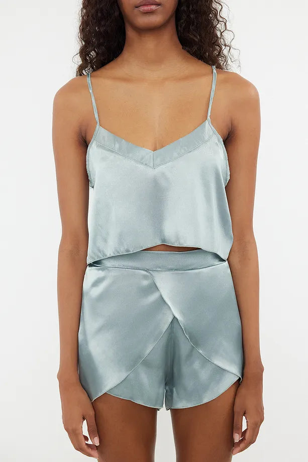 Mint Satin Woven Pajama Set with Strappy Shorts