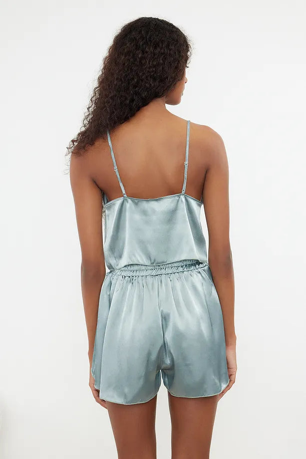 Mint Satin Woven Pajama Set with Strappy Shorts