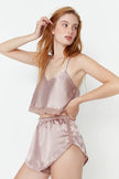 Brown Lace Satin Crop Pajama Set with Shorts and Straps