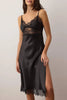 Black Satin-Woven Nightgown with Lace and Slit Detail