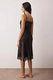 Black Satin-Woven Nightgown with Lace and Slit Detail
