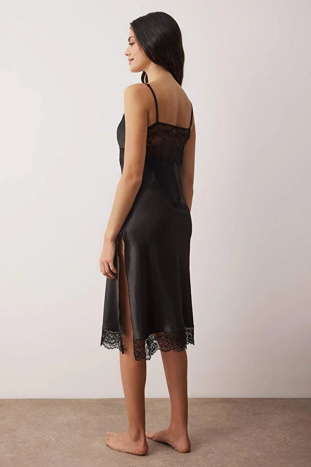 Black Satin-Woven Nightgown with Lace and Slit Detail