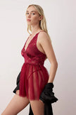 Burgundy Unlined Lace Tulle/Mesh Strappy Panty Babydoll/Fantasy Nightgown