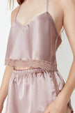 Brown Lace Satin Crop Pajama Set with Shorts and Straps