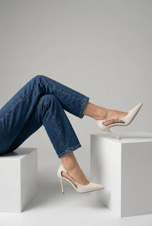 LIKOSE Offwhite Buckle Detail Classic Pointed Toe Women’s Stiletto Heels