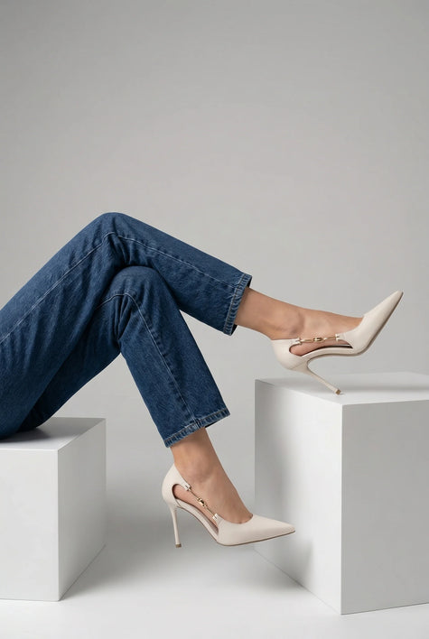 LIKOSE Offwhite Buckle Detail Classic Pointed Toe Women’s Stiletto Heels