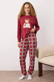 Burgundy  Christmas-Themed Plaid Knitted Pajama Set