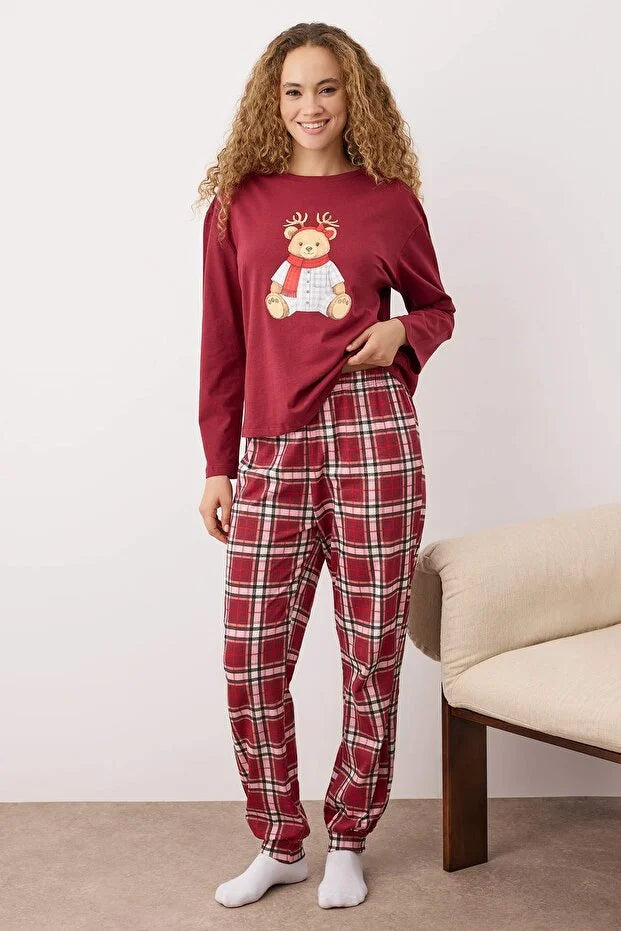 Burgundy  Christmas-Themed Plaid Knitted Pajama Set