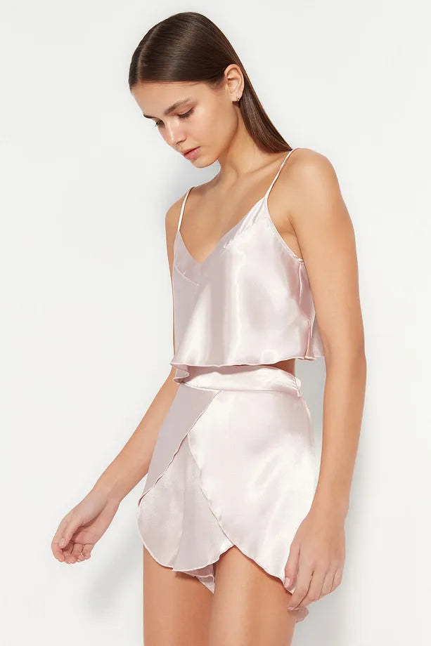 Powder Satin Rope Suspender Woven Pajama Set with Shorts