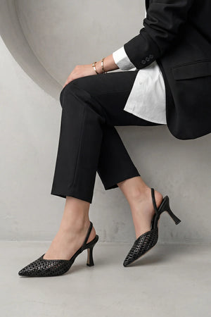 ARFES Black Woven Elastic Pointed Toe Women’s Stiletto Heels