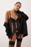 Black Garter Belted Lace Babydoll/Fantasy Nightgown with Ruffled Panties and Open Backs