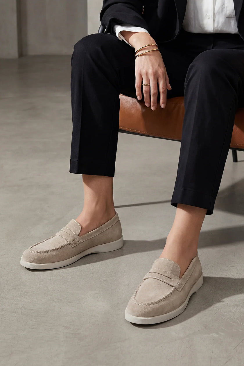 GINAR Beige Suede Genuine Leather Women’s Loafer Casual Shoes