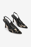 BODEGA Black Satin Beaded Mesh Embellished Women’s Evening Stiletto Heels
