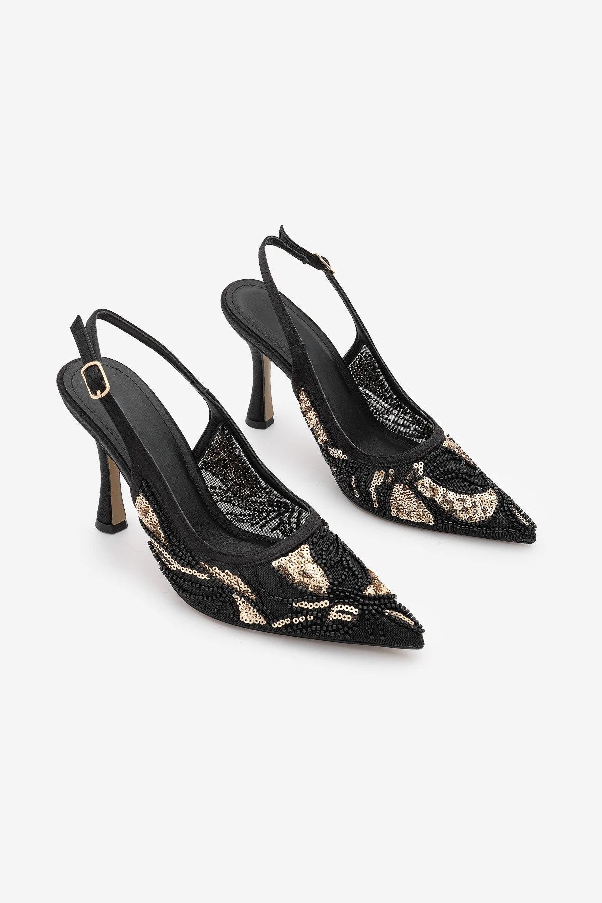 BODEGA Black Satin Beaded Mesh Embellished Women’s Evening Stiletto Heels