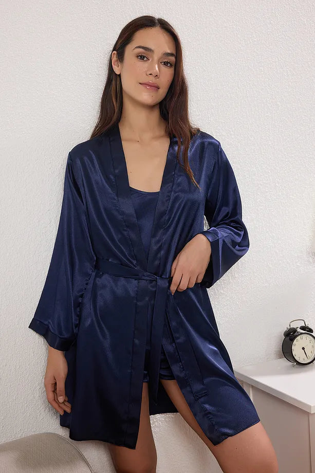 Navy Blue 3-Pack Satin Weave Robe + Pajama Set