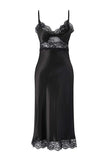 Black Satin-Woven Nightgown with Lace and Slit Detail