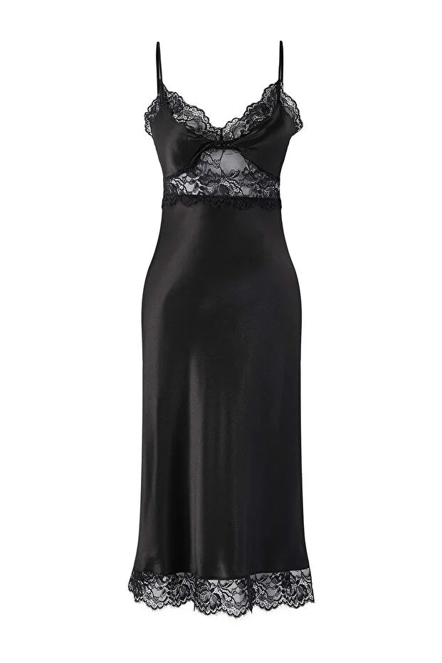 Black Satin-Woven Nightgown with Lace and Slit Detail