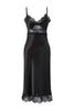 Black Satin-Woven Nightgown with Lace and Slit Detail