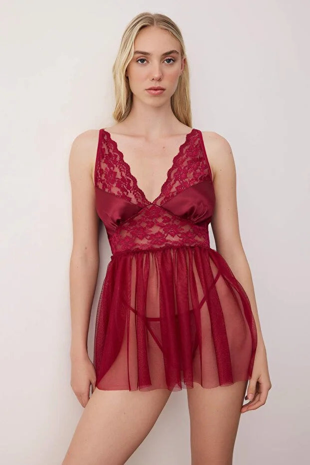 Burgundy Unlined Lace Tulle/Mesh Strappy Panty Babydoll/Fantasy Nightgown