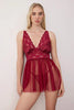 Burgundy Unlined Lace Tulle/Mesh Strappy Panty Babydoll/Fantasy Nightgown