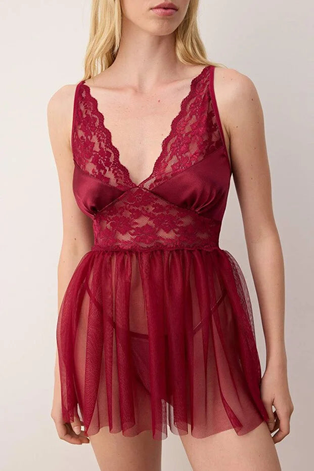 Burgundy Unlined Lace Tulle/Mesh Strappy Panty Babydoll/Fantasy Nightgown