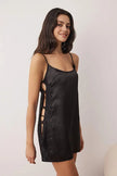 Black Satin-Woven Nightgown with Lace and Back Detail