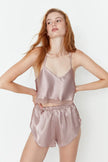 Brown Lace Satin Crop Pajama Set with Shorts and Straps