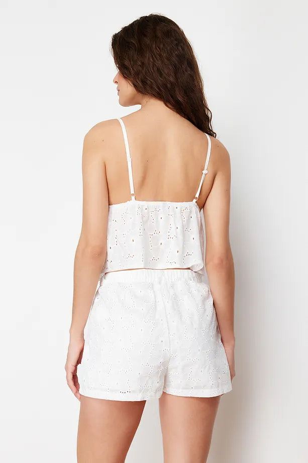 White Floral Lined Woven Pajama Set with Self-Patterned Shorts