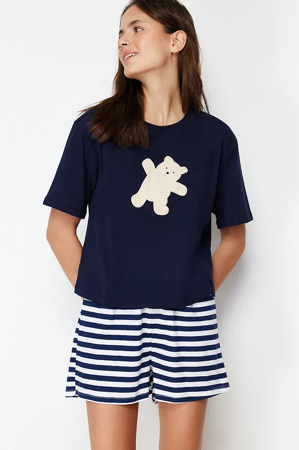 Navy Blue 100% Cotton Teddy Bear Knitted Pajama Set with Shorts