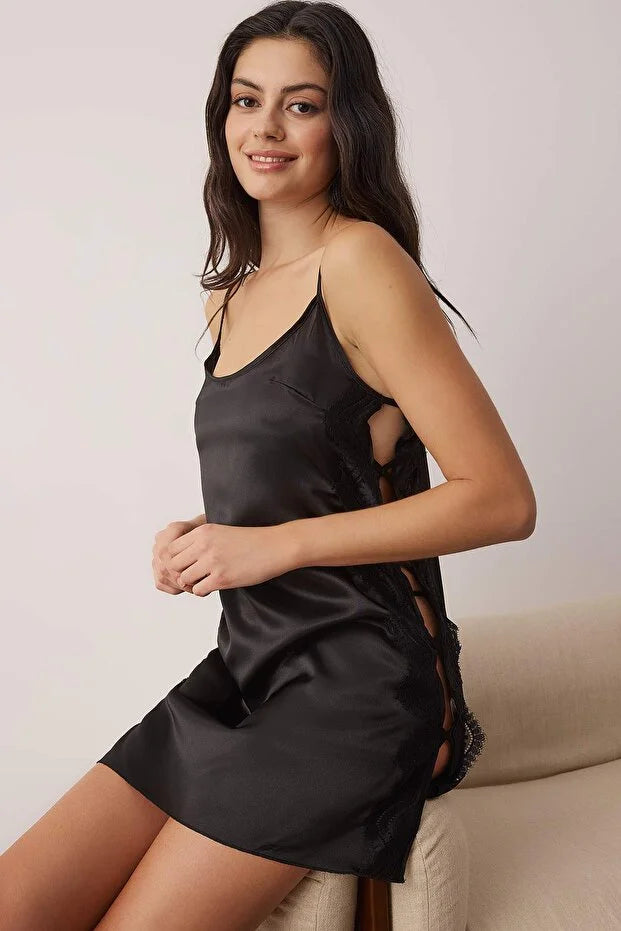 Black Satin-Woven Nightgown with Lace and Back Detail