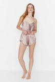 Brown Lace Satin Crop Pajama Set with Shorts and Straps