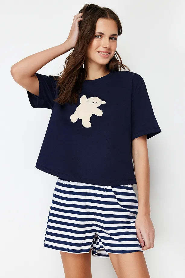 Navy Blue 100% Cotton Teddy Bear Knitted Pajama Set with Shorts