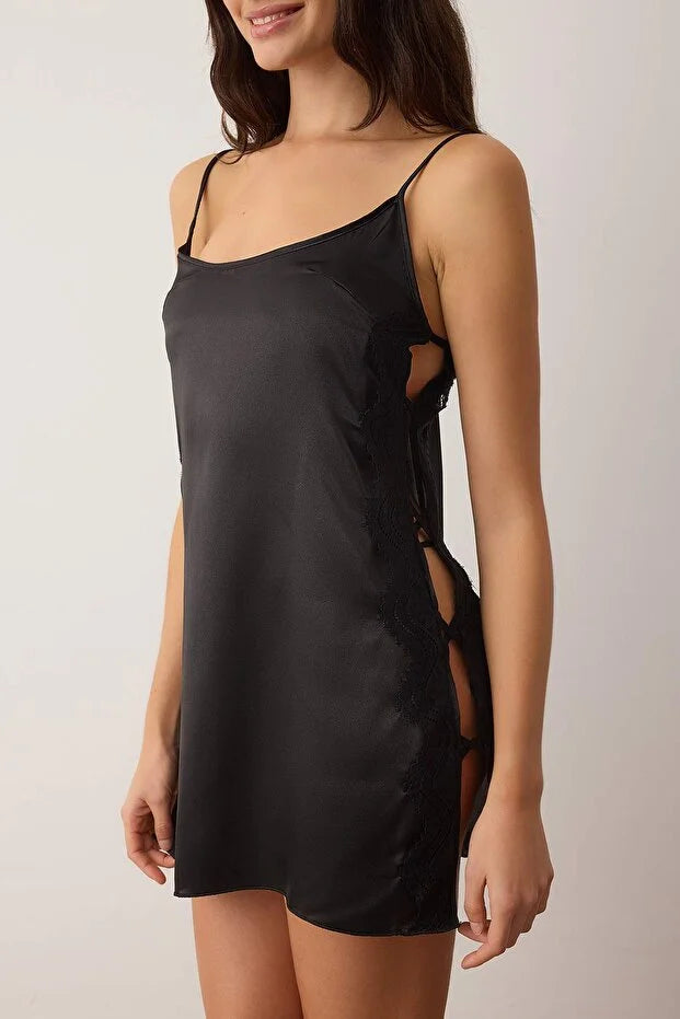 Black Satin-Woven Nightgown with Lace and Back Detail