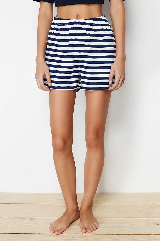 Navy Blue 100% Cotton Teddy Bear Knitted Pajama Set with Shorts