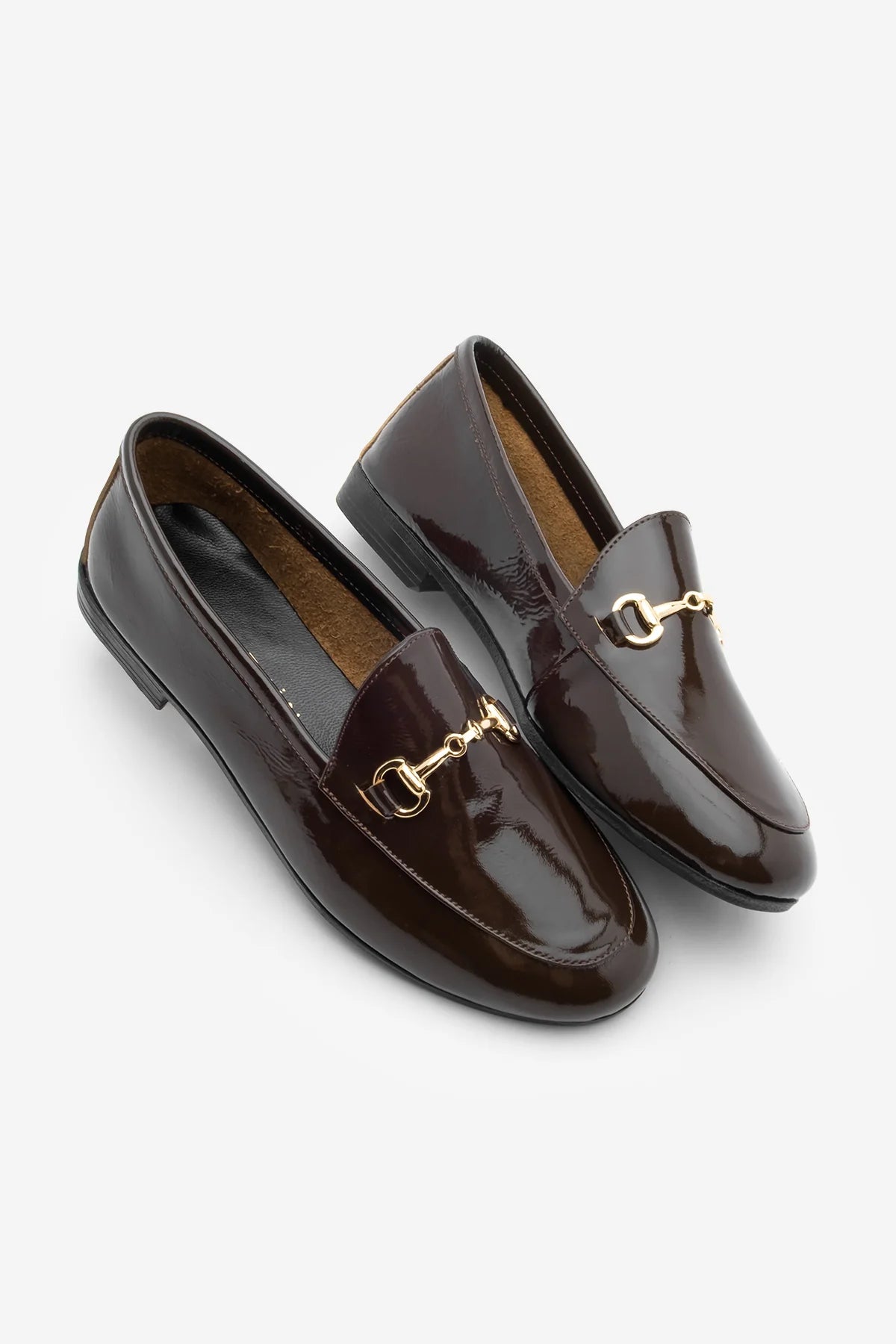 Women's Genuine Leather Chain Loafer Shoes Tanle - Brown Patent Leather