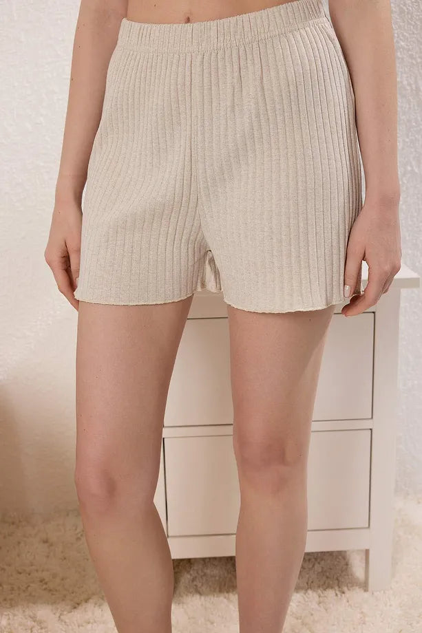 Slogan and Heart Embroidered Ribbed Shorts and Knit Pajama Set