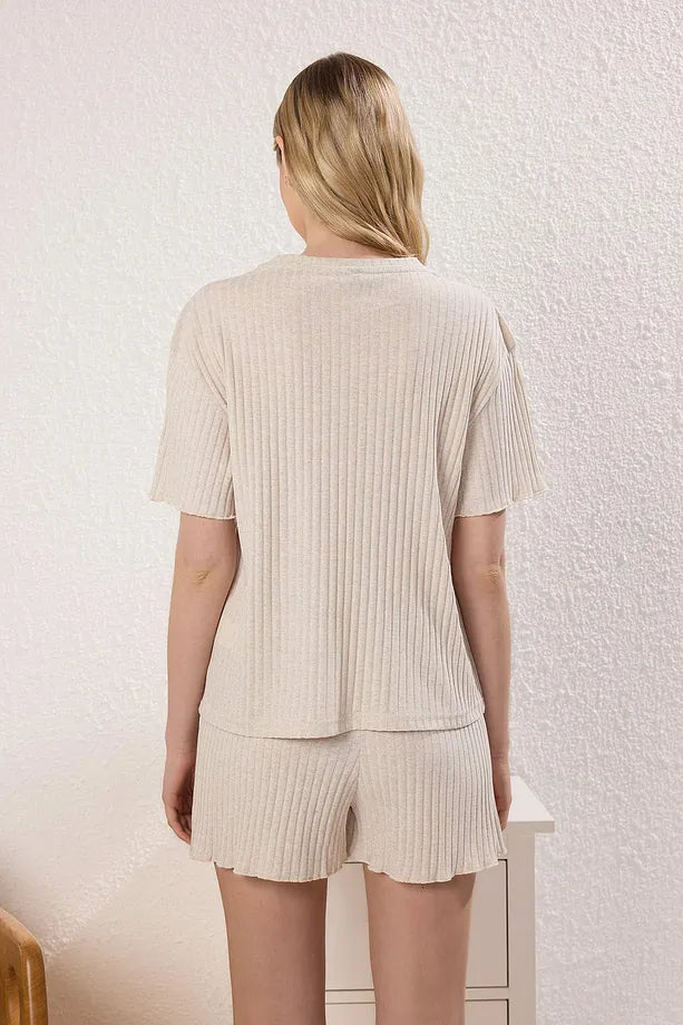 Slogan and Heart Embroidered Ribbed Shorts and Knit Pajama Set