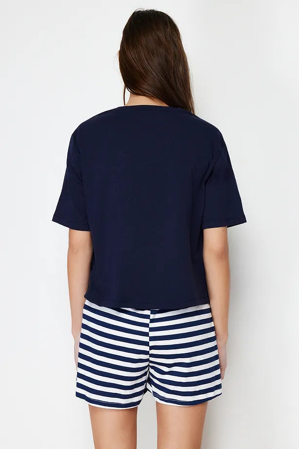 Navy Blue 100% Cotton Teddy Bear Knitted Pajama Set with Shorts