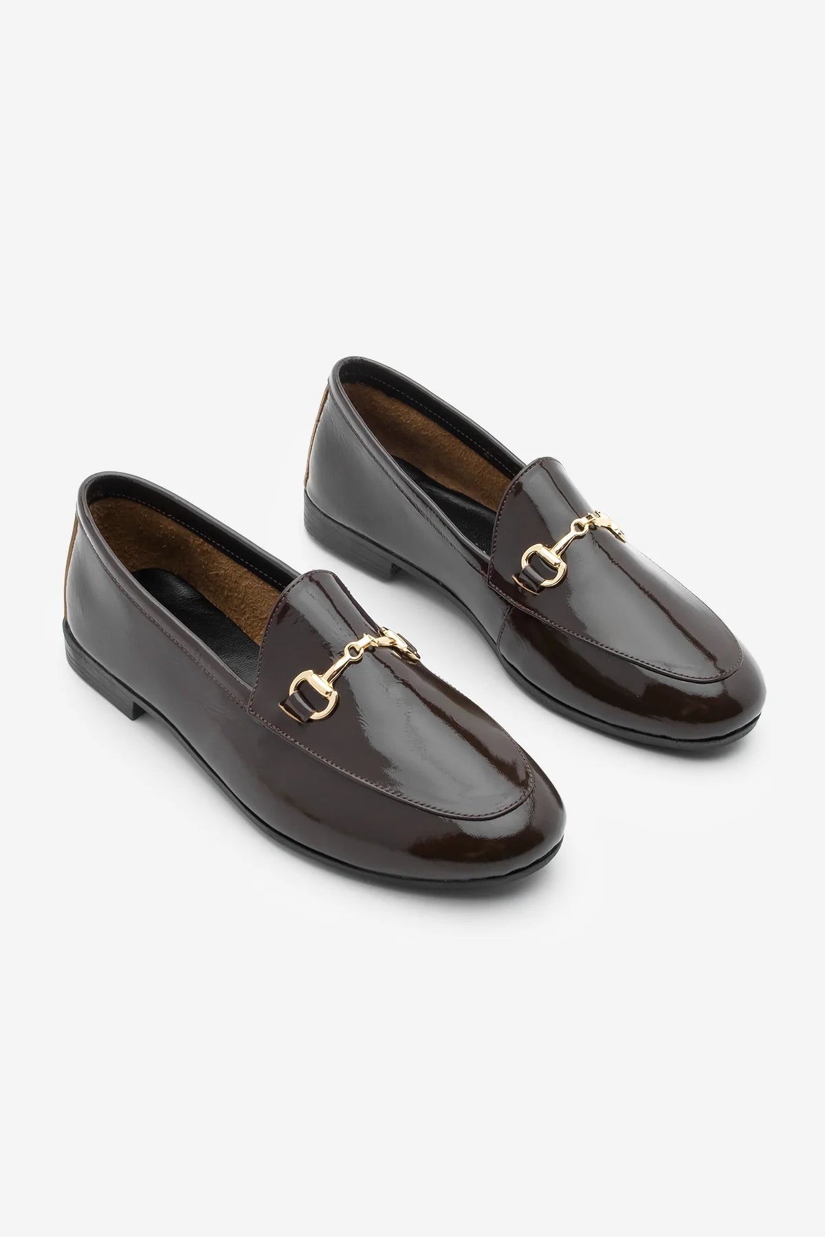 Women's Genuine Leather Chain Loafer Shoes Tanle - Brown Patent Leather