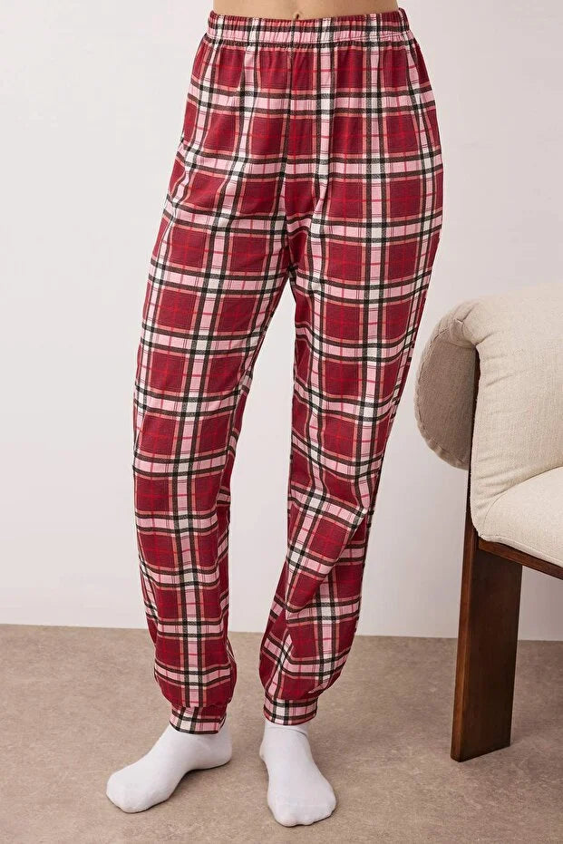Burgundy  Christmas-Themed Plaid Knitted Pajama Set