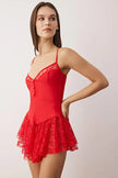 Red Jersey Buttoned Plain Cupless Babydoll